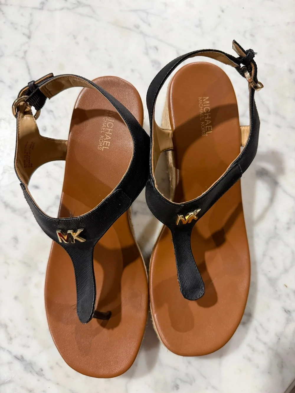 Michael Kors Black and Brown Leather Thong Sandals with Gold MK Accent